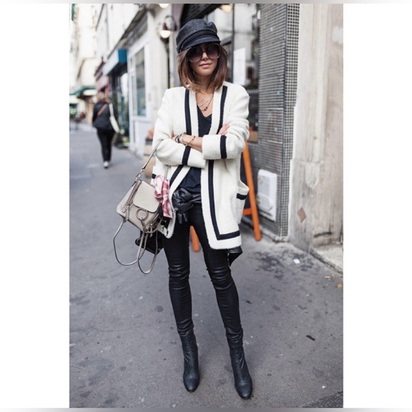 Rare NWT  Sezane Mike Coat Wrap Cardigan Sweater Black Cream Size 40 - Picture 13 of 13